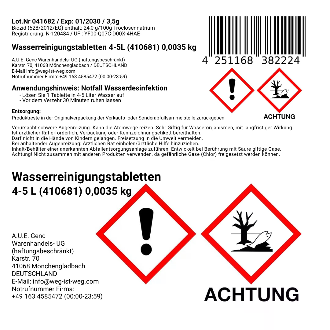 Verpackung von Wasserreinigungstabletten mit Gefahrensymbolen und Barcode.