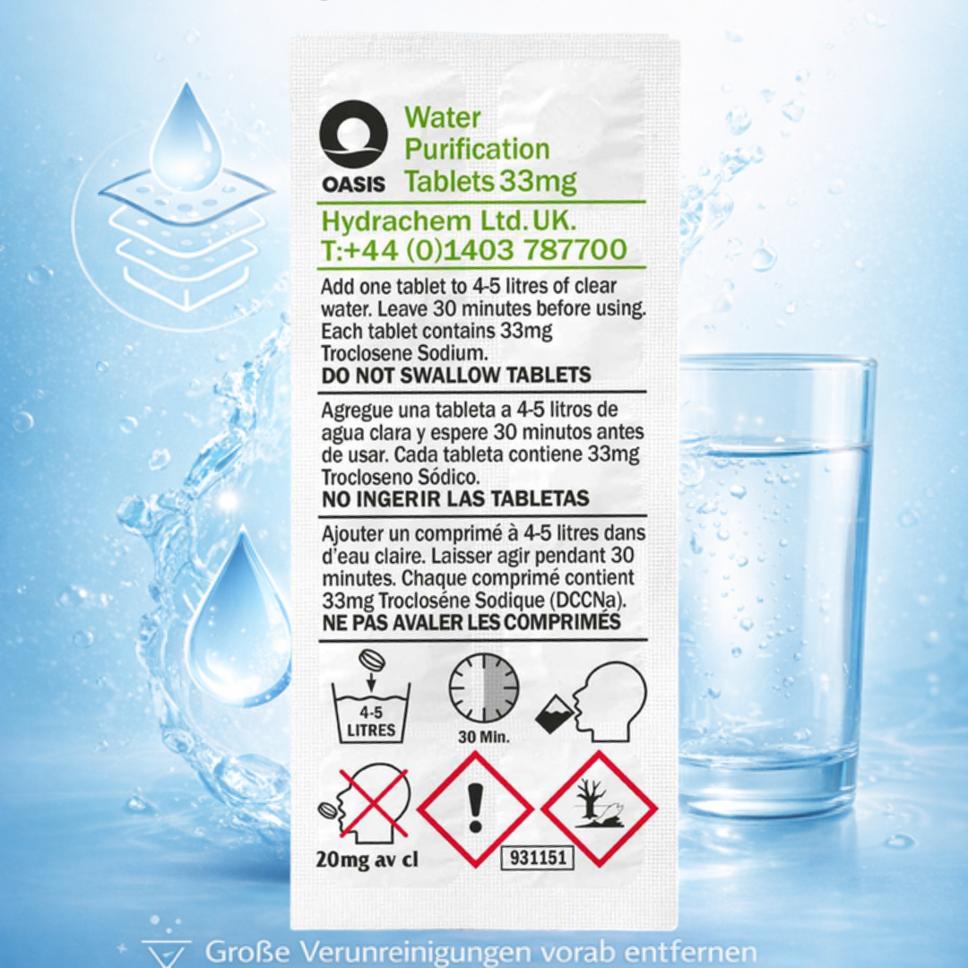 Wasserreinigungstabletten: 1 Tablette für 4-5L Wasser, 30 Min. warten. Nicht schlucken.