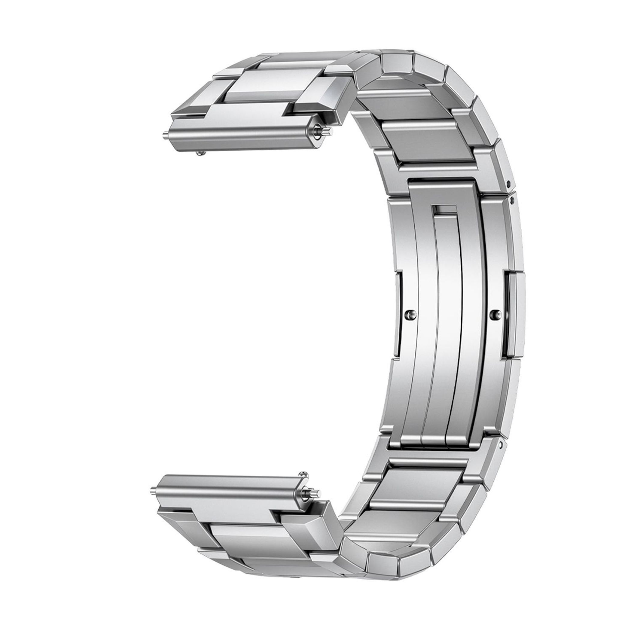 Ein silbernes Uhrenarmband aus Metallgliedern, das in der Mitte gebogen ist.