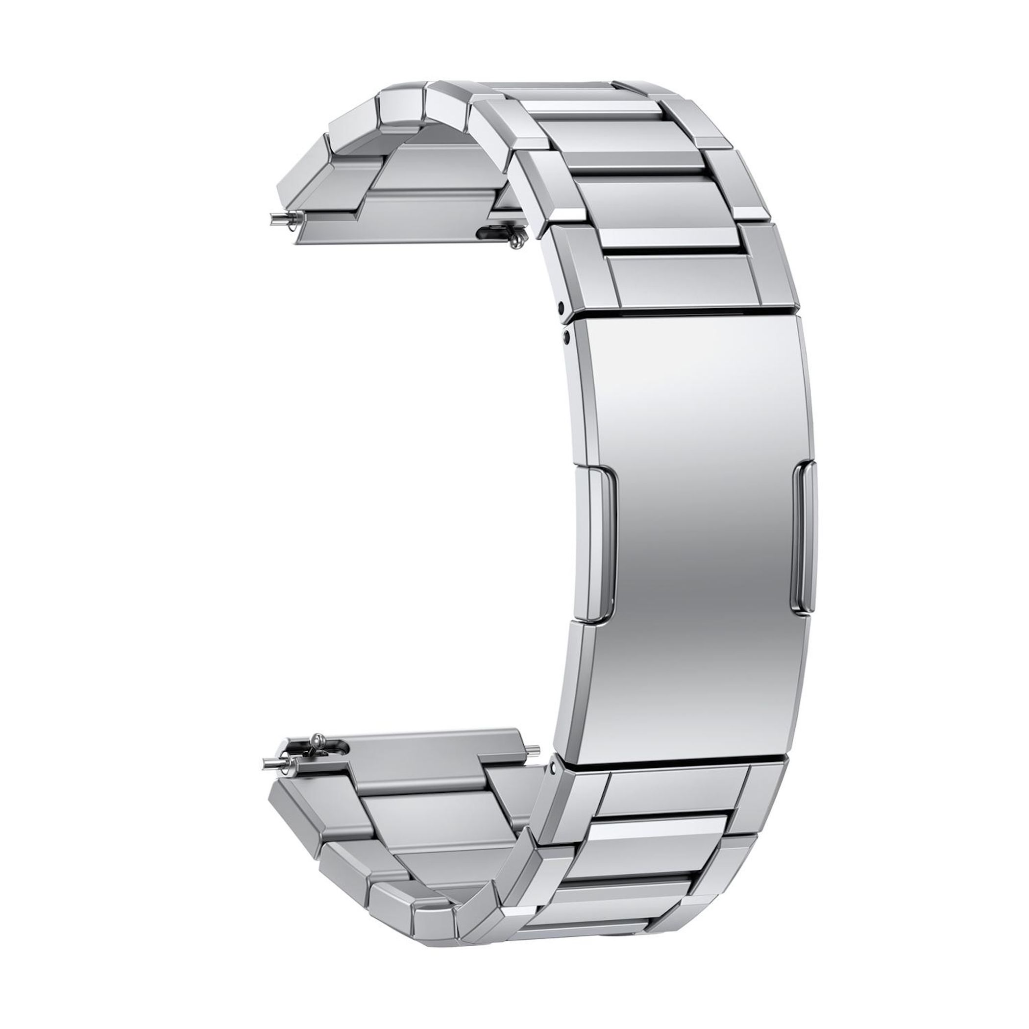 Ein silbernes Gliederarmband für eine Uhr, das auf weißem Hintergrund isoliert ist.