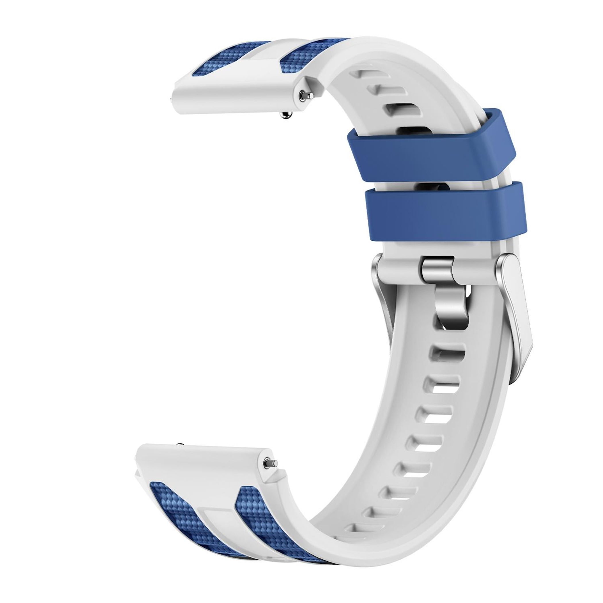 Ein weißes Uhrenarmband mit blauen Akzenten und silbernen Schnallen.