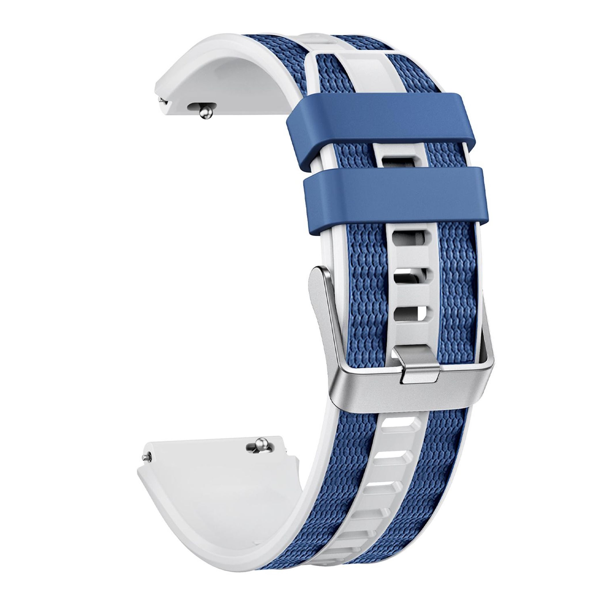 Ein weißes Uhrenarmband mit blauen Streifen und Metallschnalle.