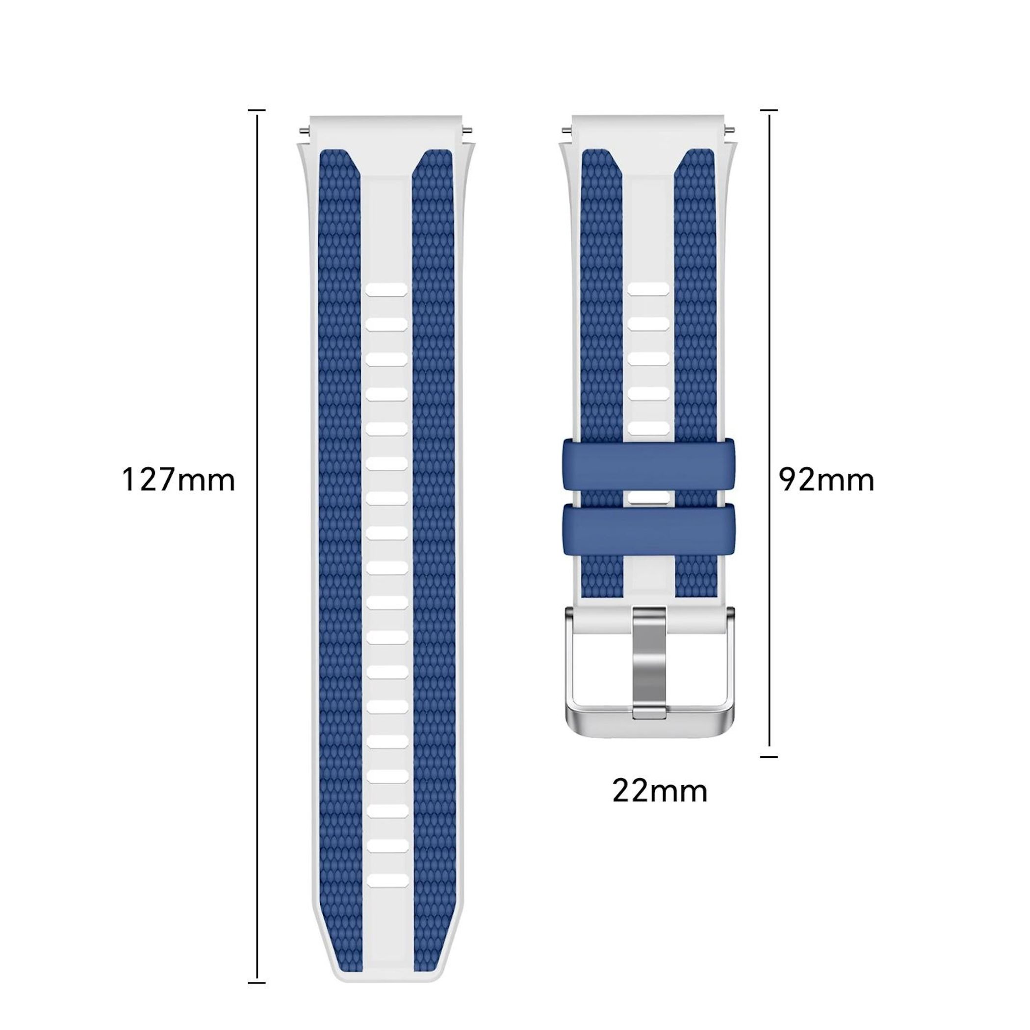 Zwei weiße und blaue Uhrenarmbänder, eines mit Schnalle und Maßen.