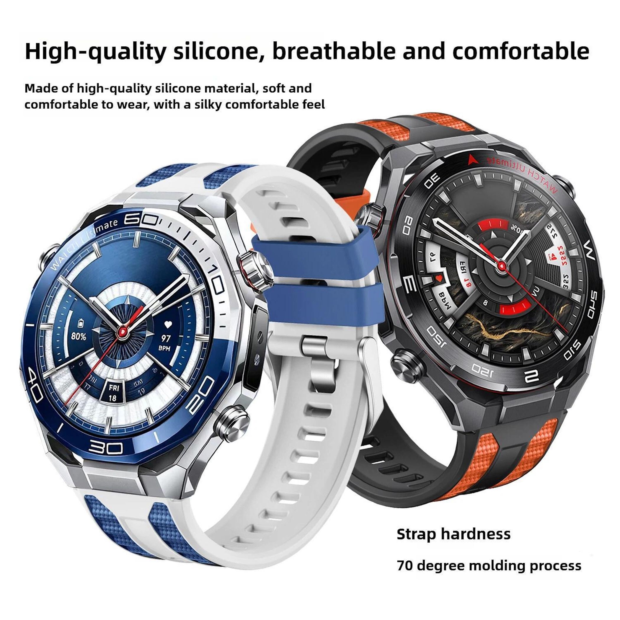 Zwei Smartwatches nebeneinander, eine mit blauem und weißem Armband, die andere schwarz mit orangefarbenen Akzenten.