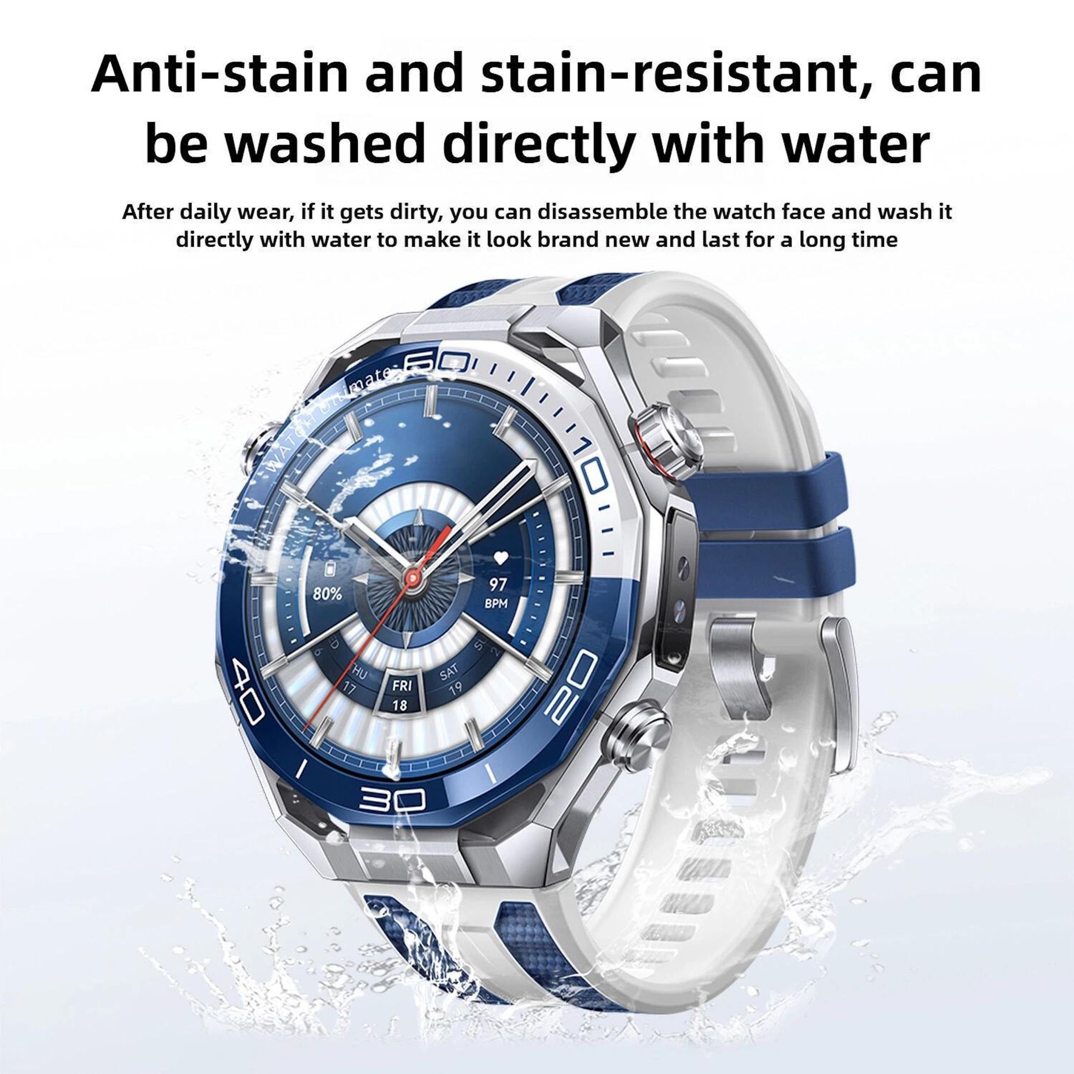 Eine blaue und weiße Smartwatch mit silbernen Akzenten, die mit Wasser bespritzt wird.