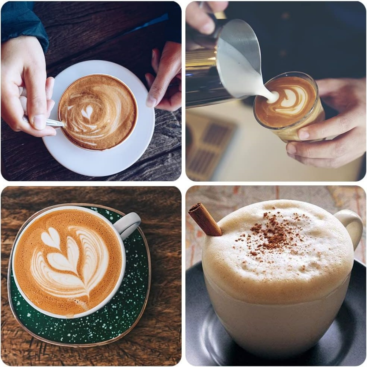 Vier Kaffeespezialitäten: Latte Art, Milchschaum wird eingegossen, Herz-Muster, Zimtstange.