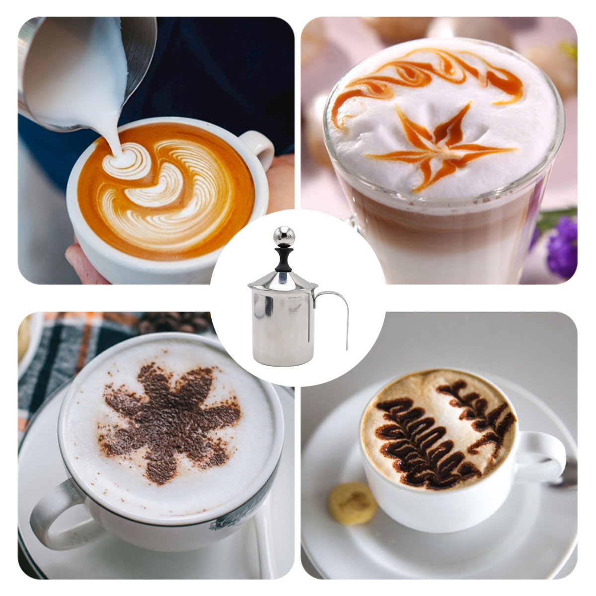 Kaffeezubereitung mit Latte Art und Milchaufschäumer.