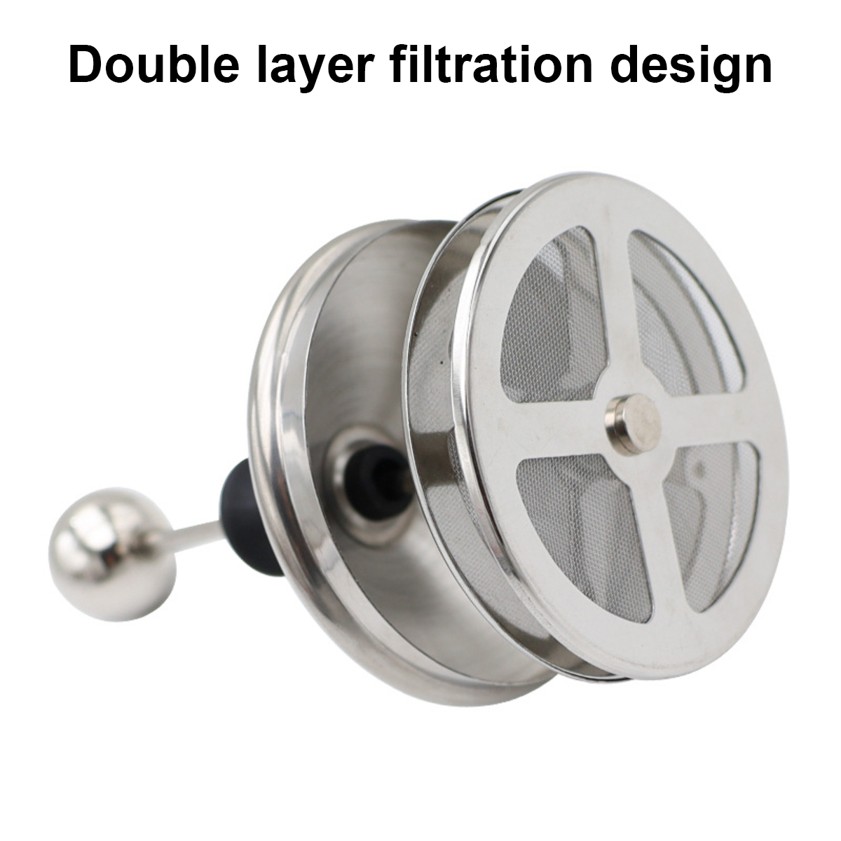 Edelstahl-French-Press-Filter mit doppeltem Netzdesign und silbernem Griff.
