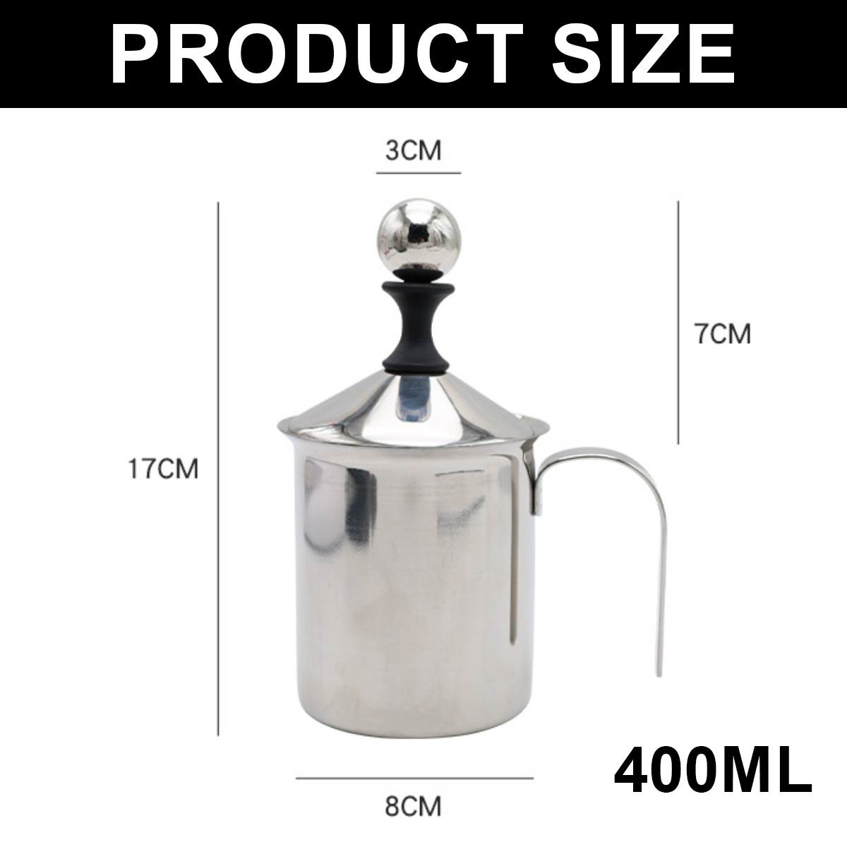 Edelstahl-Milchaufschäumer mit Maßen: 17cm H, 8cm B, 3cm Deckel, 7cm Höhe, 400ml Kapazität.