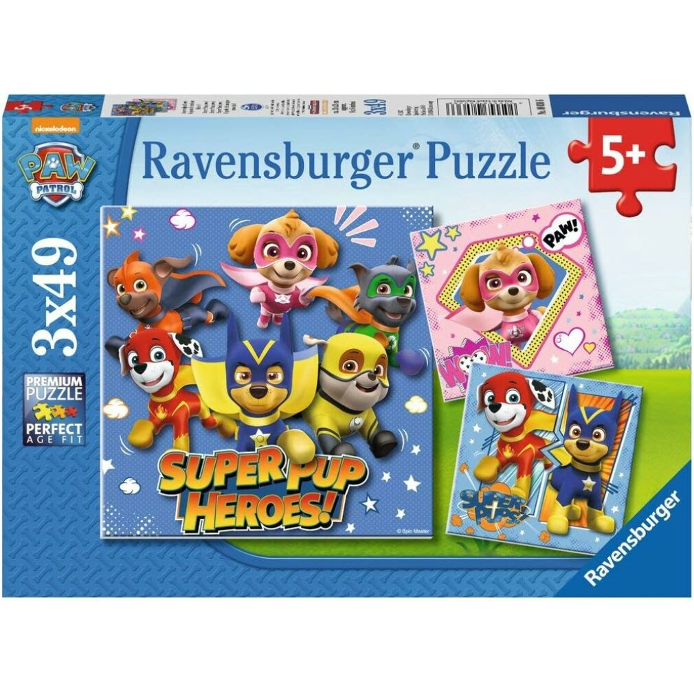Scatola puzzle Ravensburger Paw Patrol Super Pup Heroes con 5 cani in costume da supereroe.
