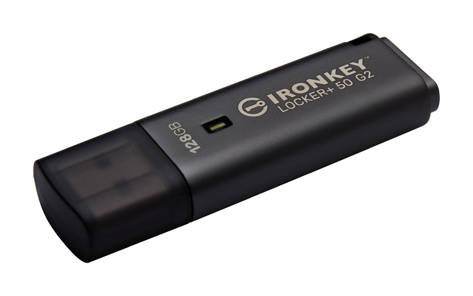 Unità USB nera da 128 GB etichettata IRONKEY LOCKER+ 50 G2.