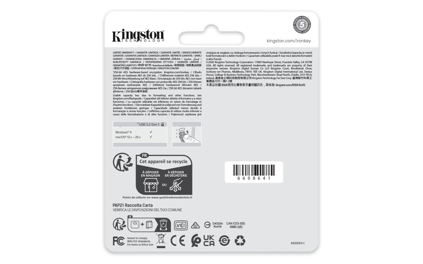 Kingston Logo, Garantieinfos, USB 3.2 Gen 1, Recycling-Info, FCC, CE, UKCA.