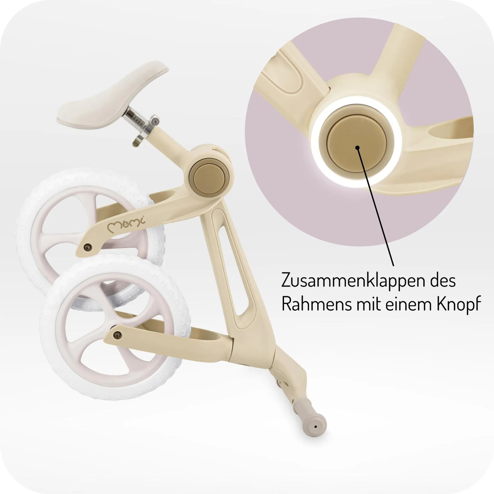 Beigefarbene Kinderlaufrad-Nahaufnahme, zeigt faltbaren Rahmen mit Knopf.