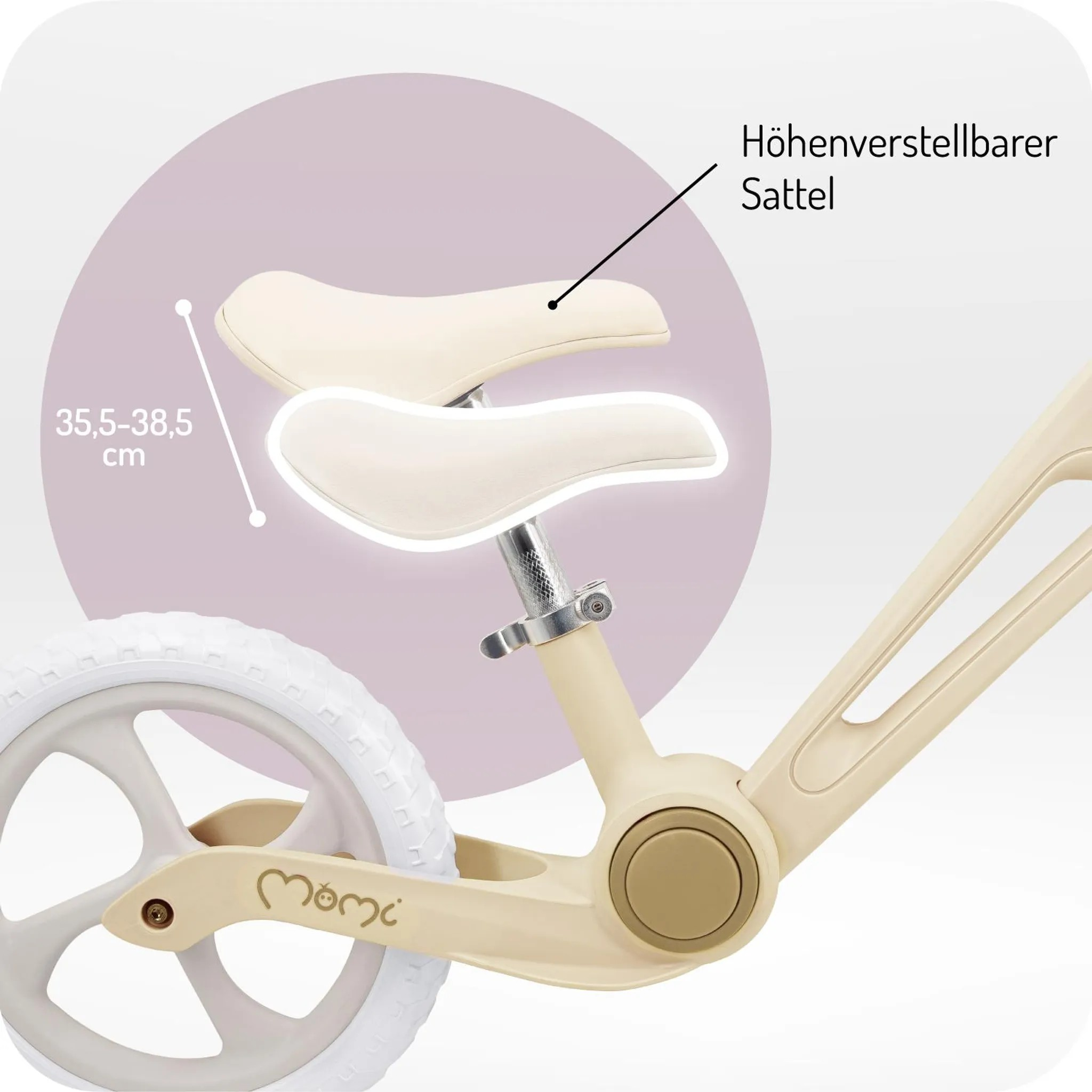 Nahaufnahme des beigefarbenen Sitzes eines Laufrads, höhenverstellbar 35,5-38,5 cm.