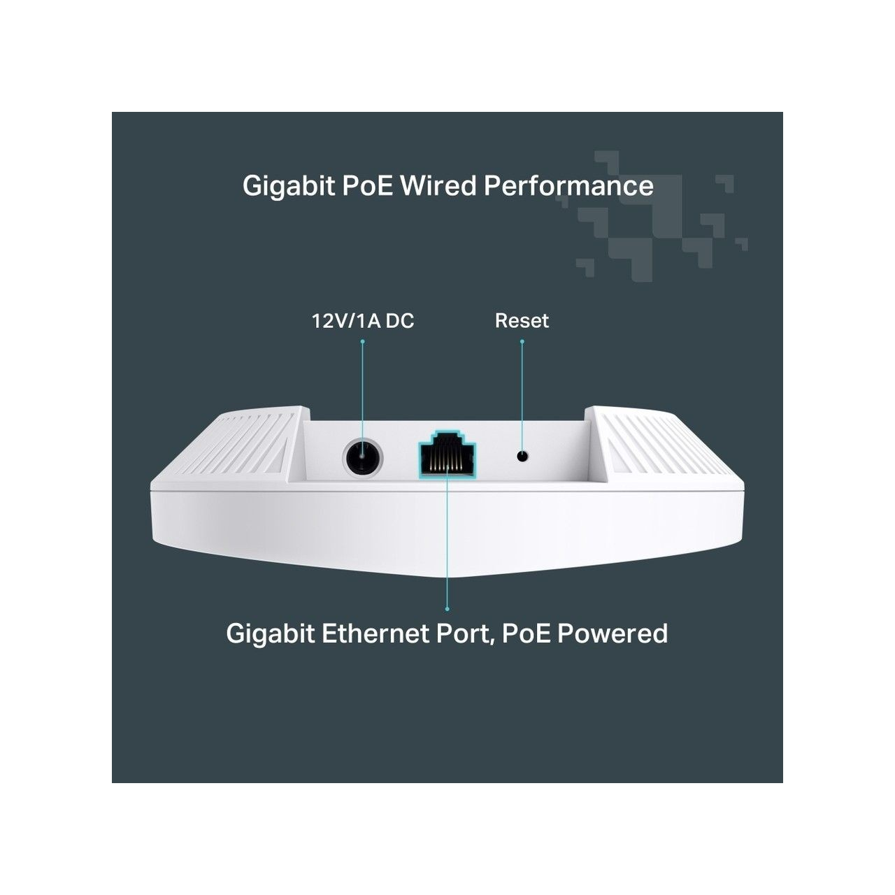 12V/1A DC, Ethernet ve Reset portlarını gösteren beyaz bir cihaz.