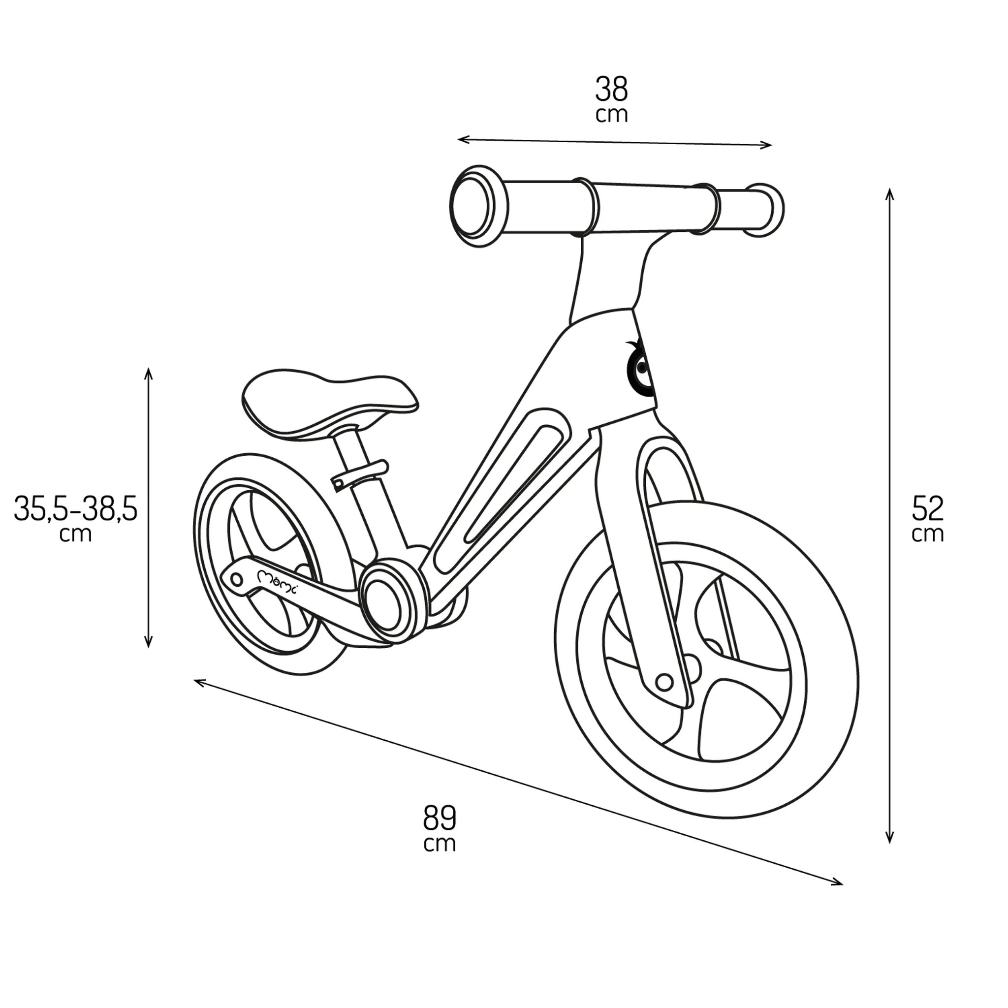 Technische Zeichnung eines Laufrads mit Maßen: Höhe 52 cm, Breite 38 cm, Länge 89 cm.