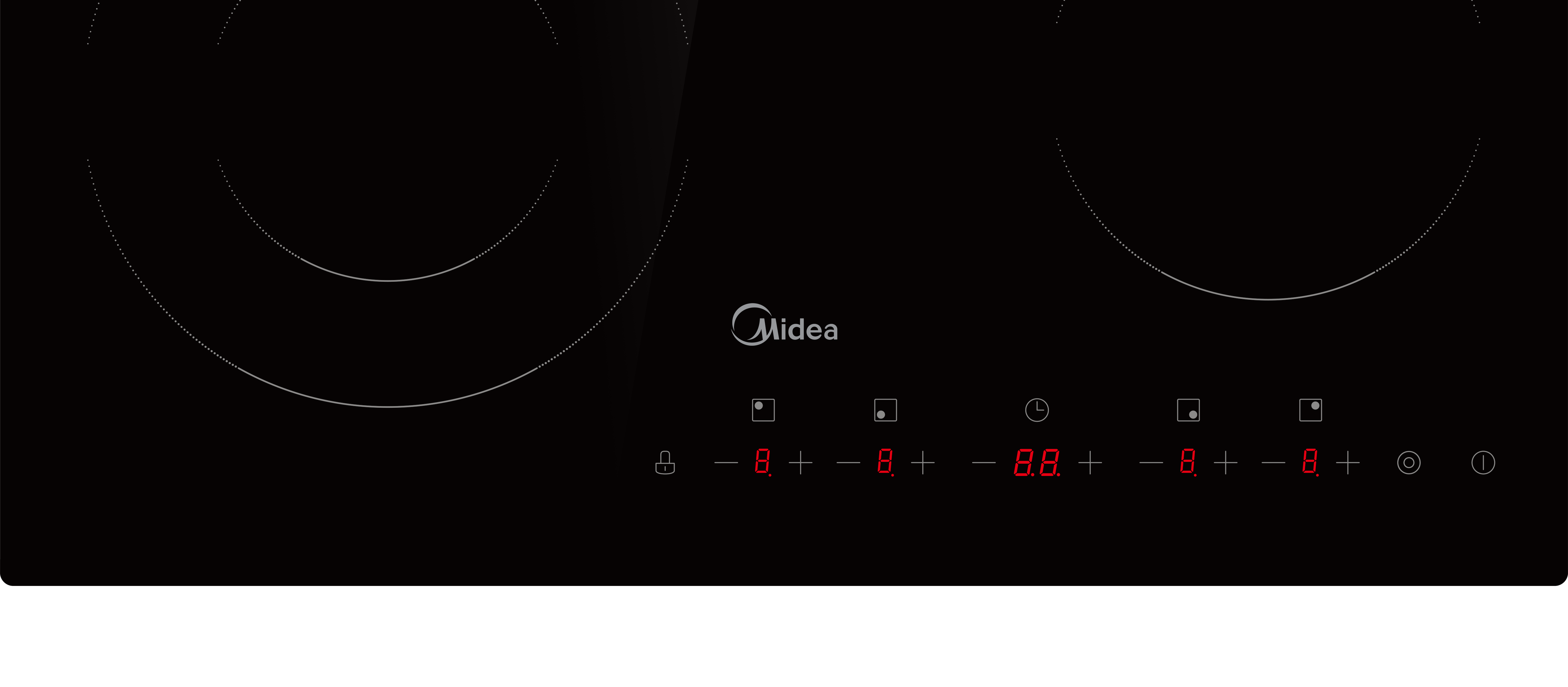 Schwarze Kochplatte mit Midea-Logo, zwei Kochzonen und digitaler Anzeige.