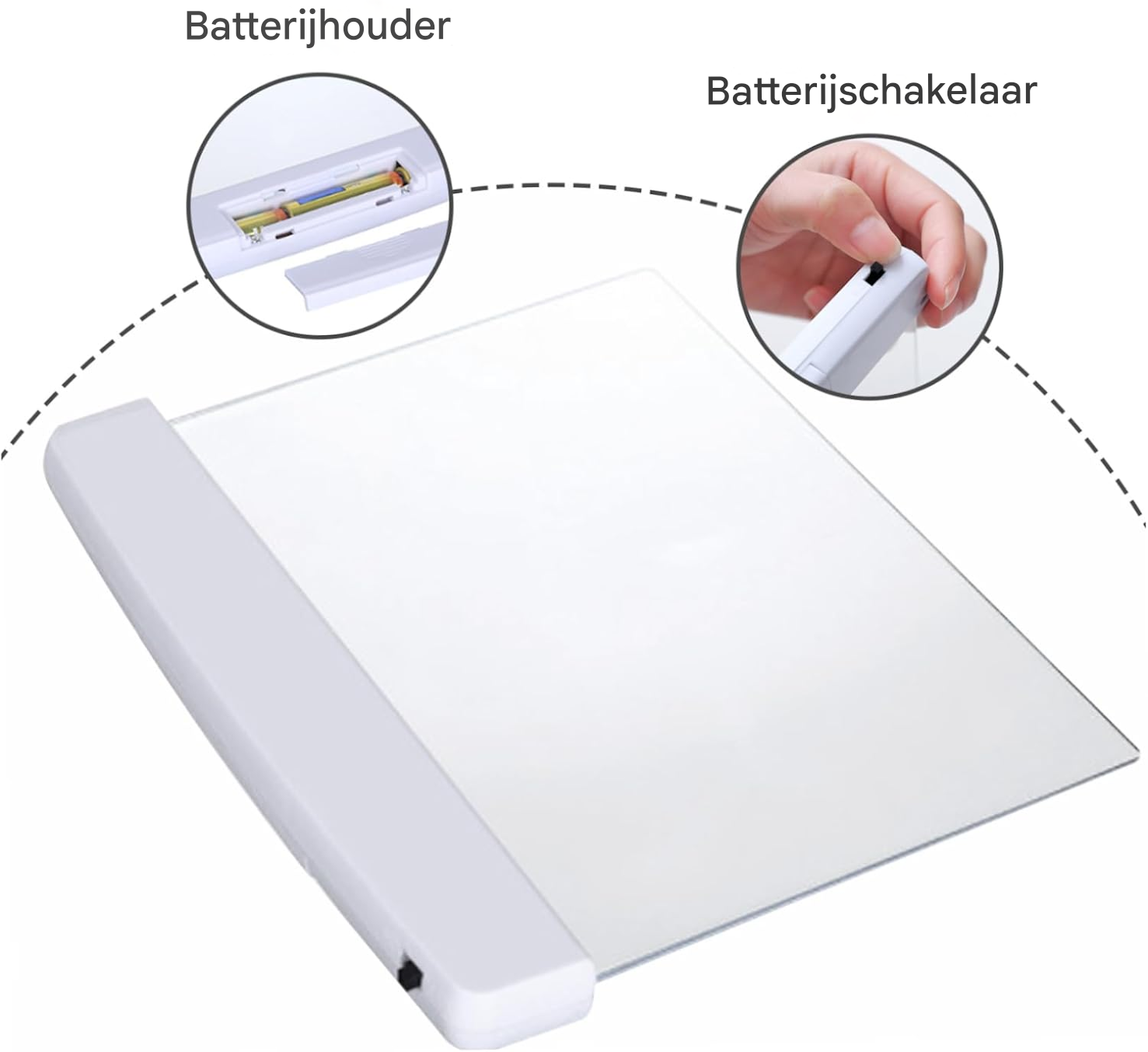 Ein transparentes Leselicht mit Batteriehalter und Schalter.