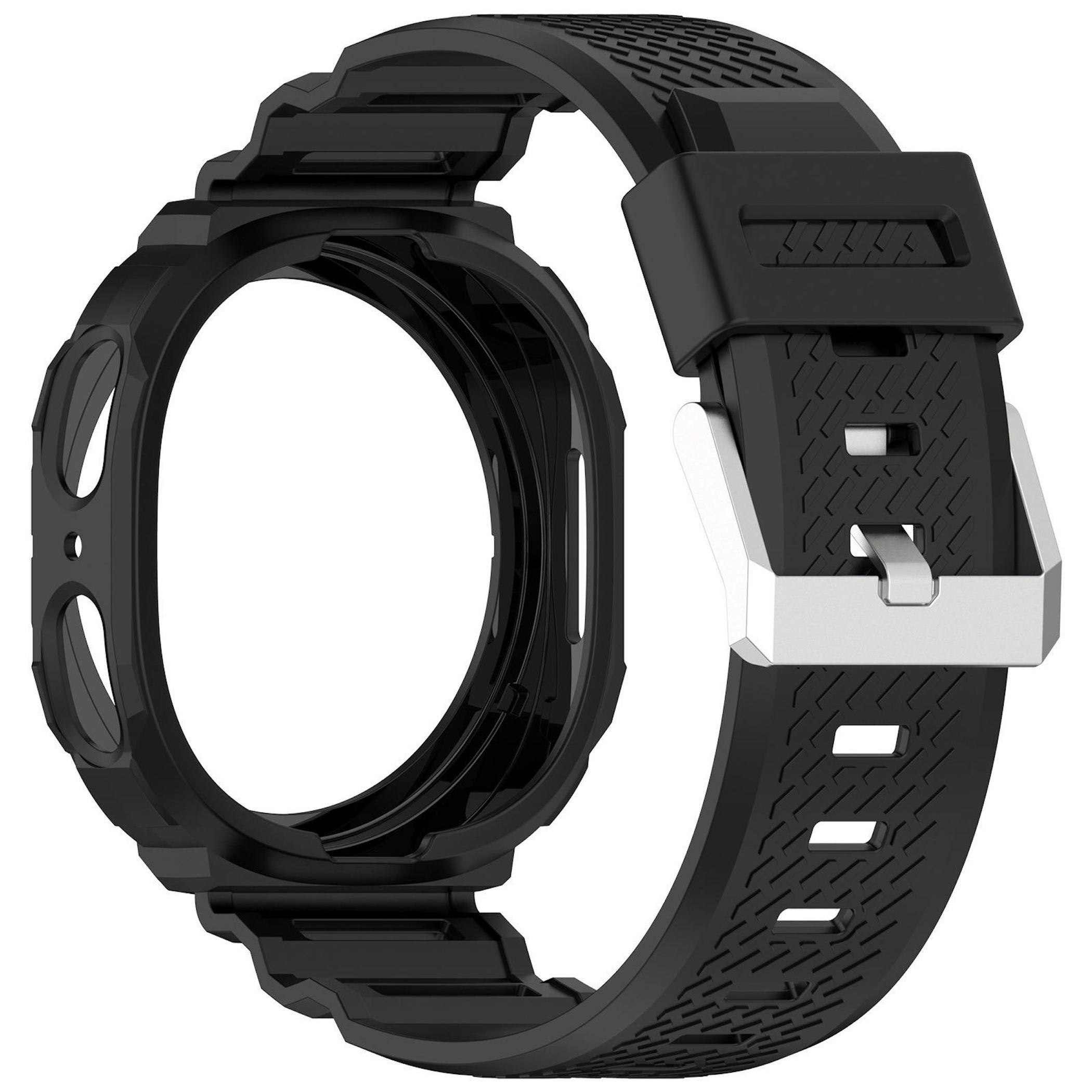 Schwarzes Uhrenarmband mit Metallschnalle und Schutzhülle.