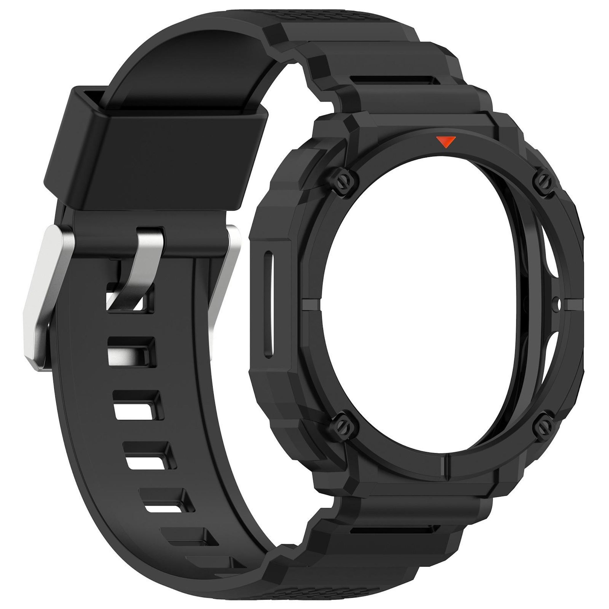 Schwarzes Uhrenarmband mit silberner Schnalle und einem Schutzrahmen.