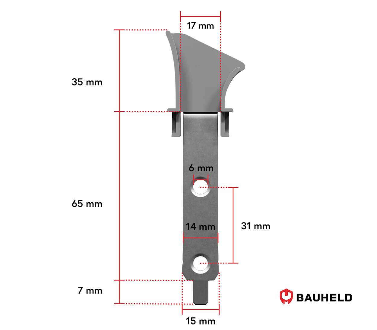 Graues Bauteil mit Maßen: 35mm, 17mm, 65mm, 6mm, 14mm, 31mm, 7mm, 15mm.