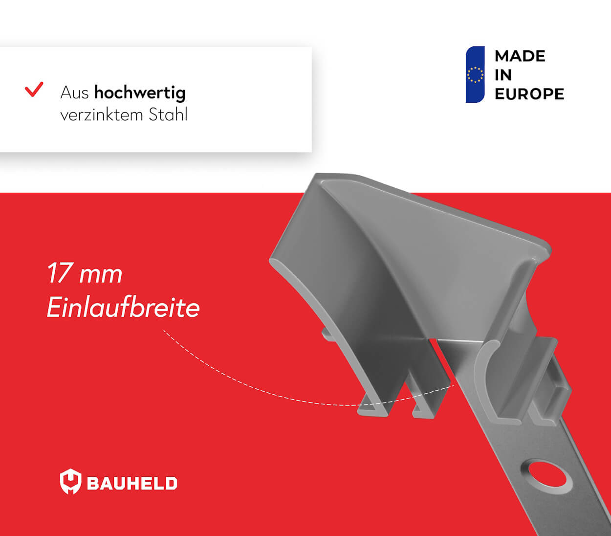 Grauer Metallclip mit 17 mm Einlaufbreite, Made in Europe.