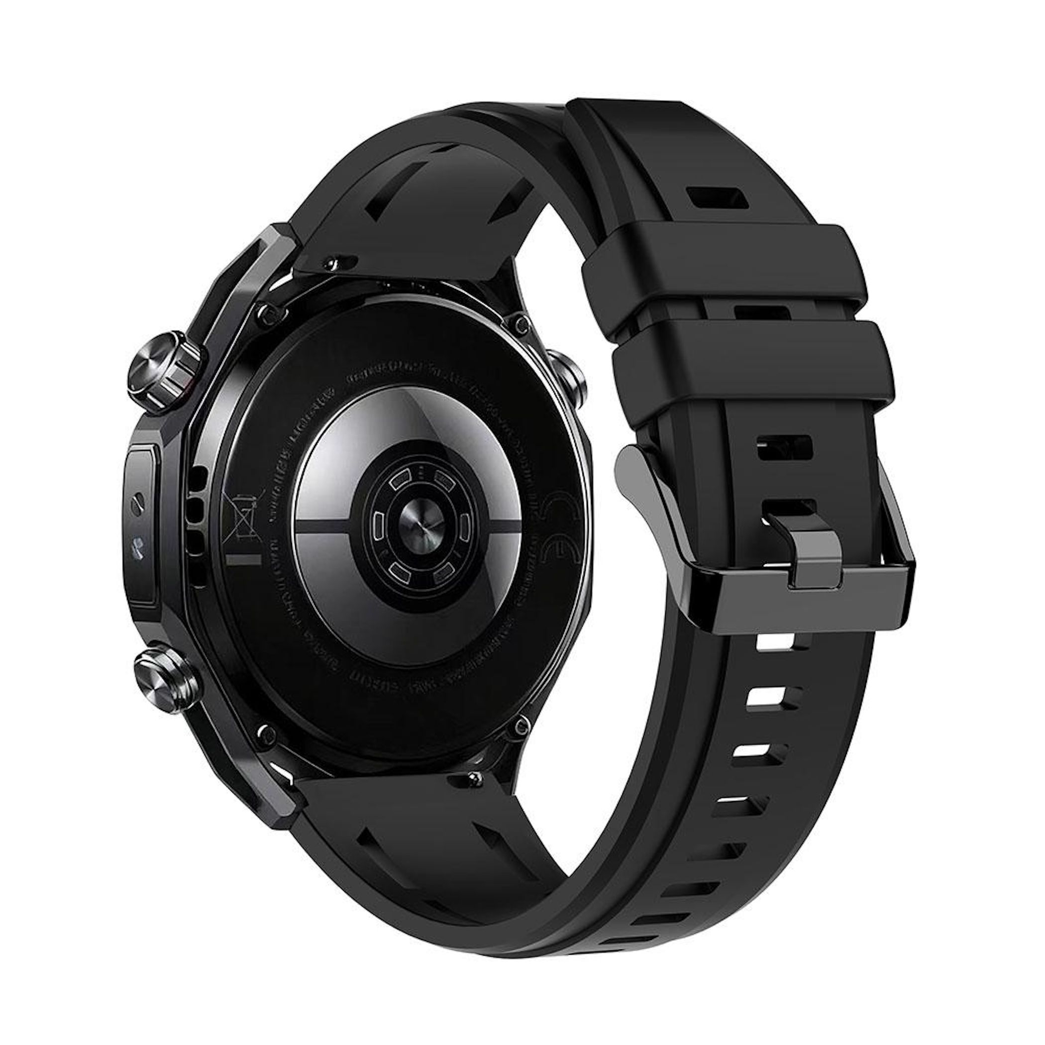Rückseite einer schwarzen Smartwatch mit Silikonarmband und Metallschnalle.