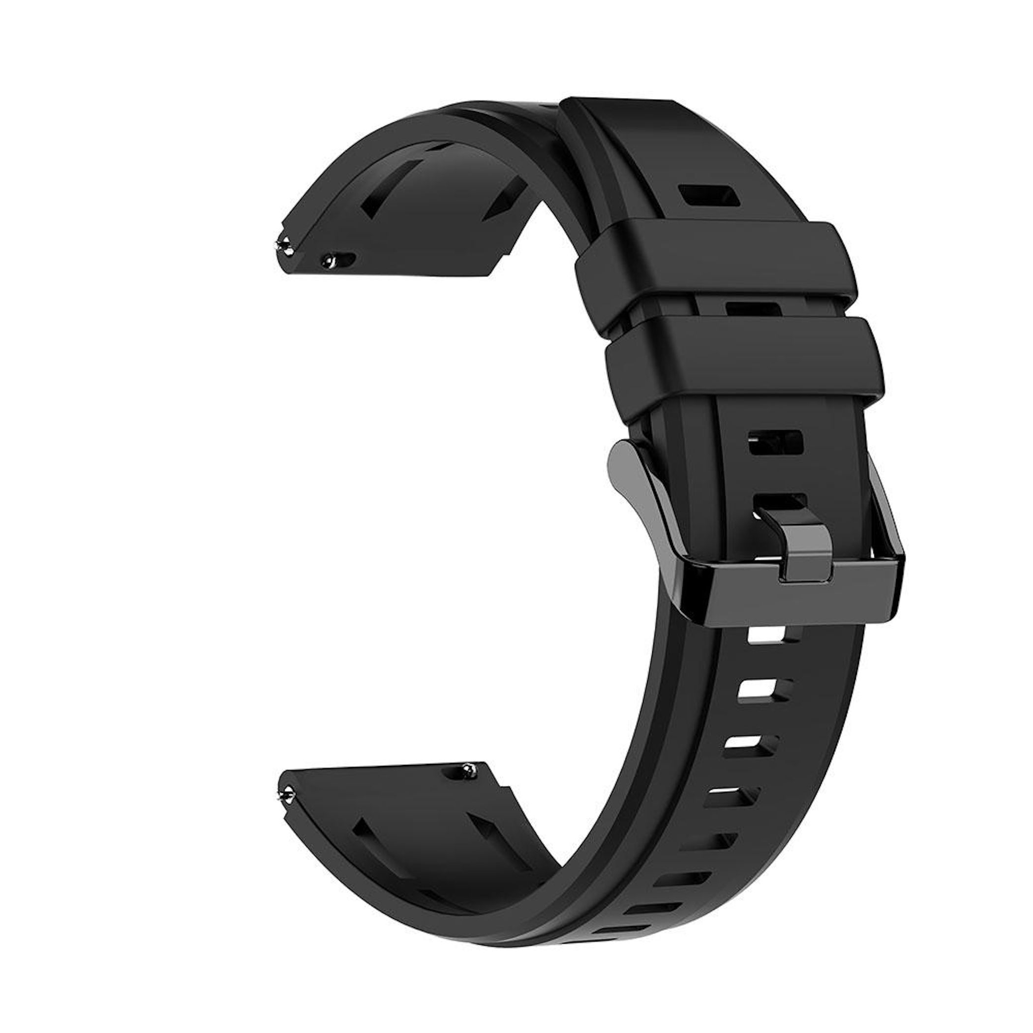Ein schwarzes Uhrenarmband mit Metallschnalle, isoliert auf weißem Hintergrund.