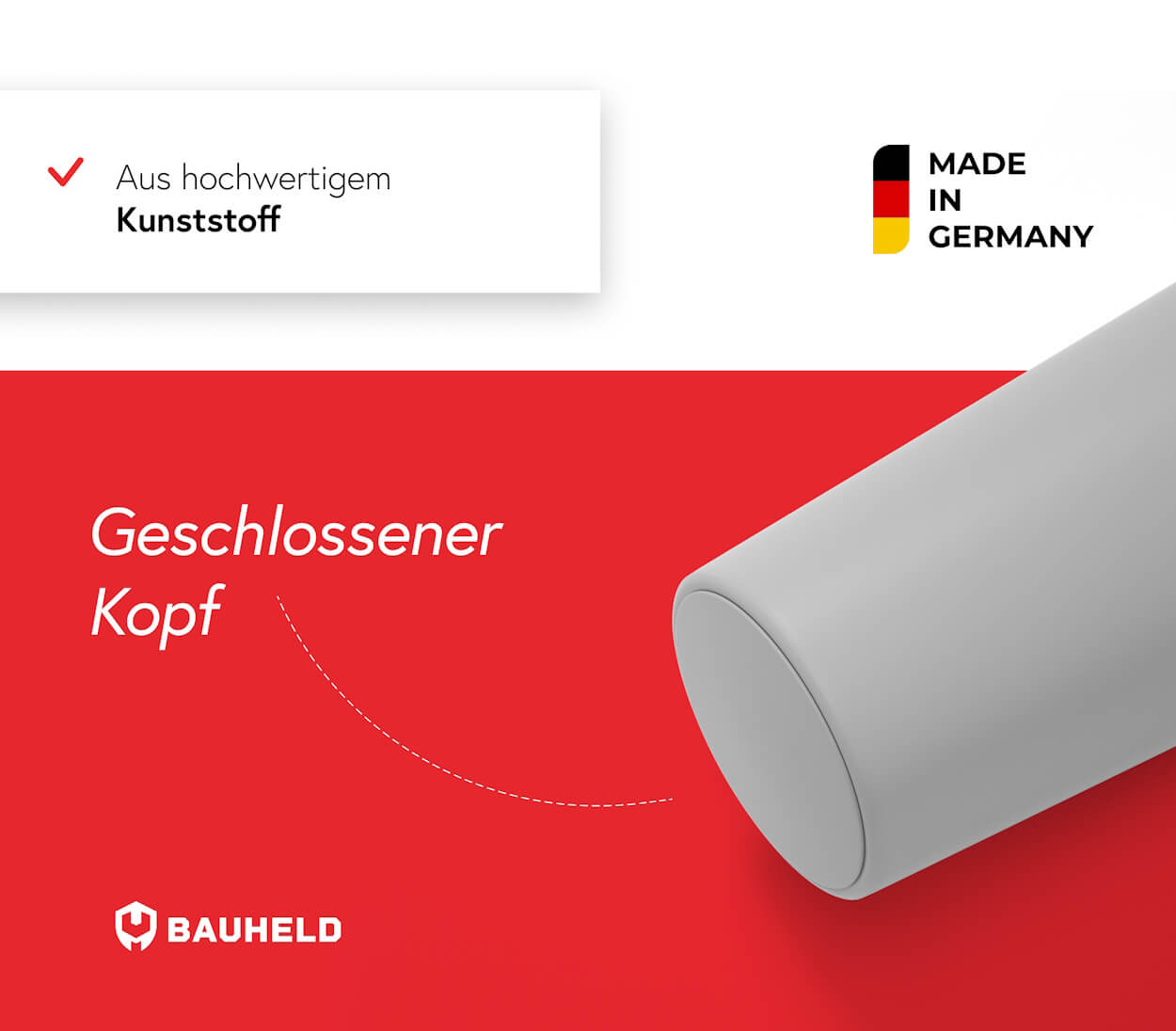 Grauer zylindrischer Gegenstand auf rotem Hintergrund. Text: Made in Germany.