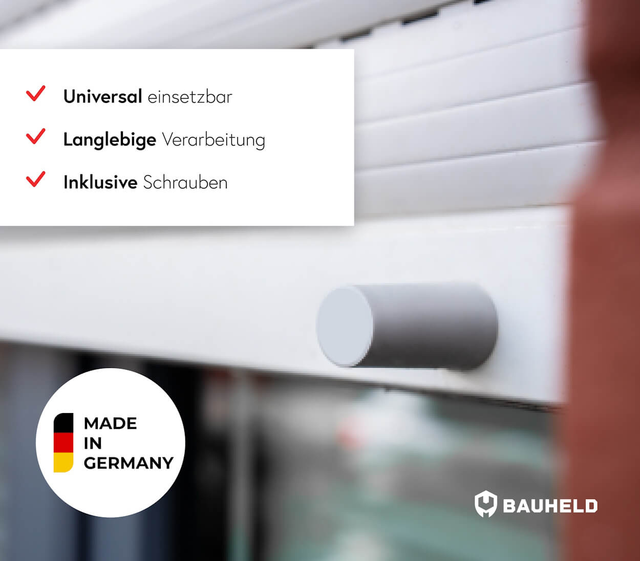 Weiße Rollläden mit deutschen Texten und "Made in Germany" Siegel.