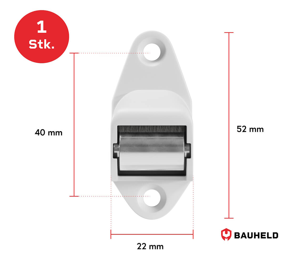 Weiße Kunststoff-Türrolle mit Metallrad. Maße: 40mm, 52mm, 22mm.