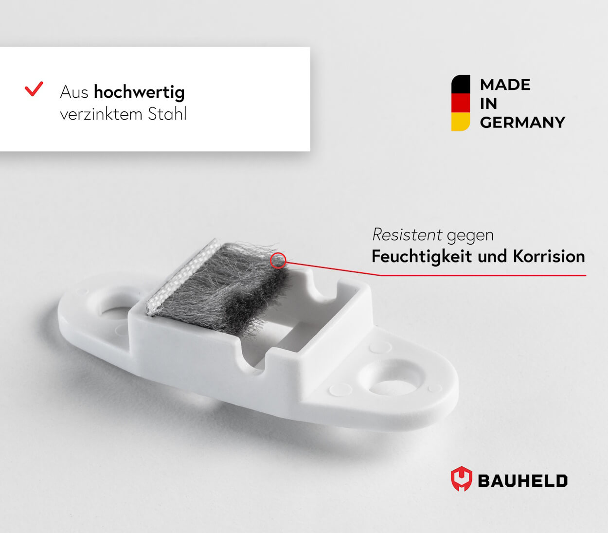 Weißer Kunststoffbügel mit grauen Borsten, Made in Germany, feuchtigkeitsbeständig.