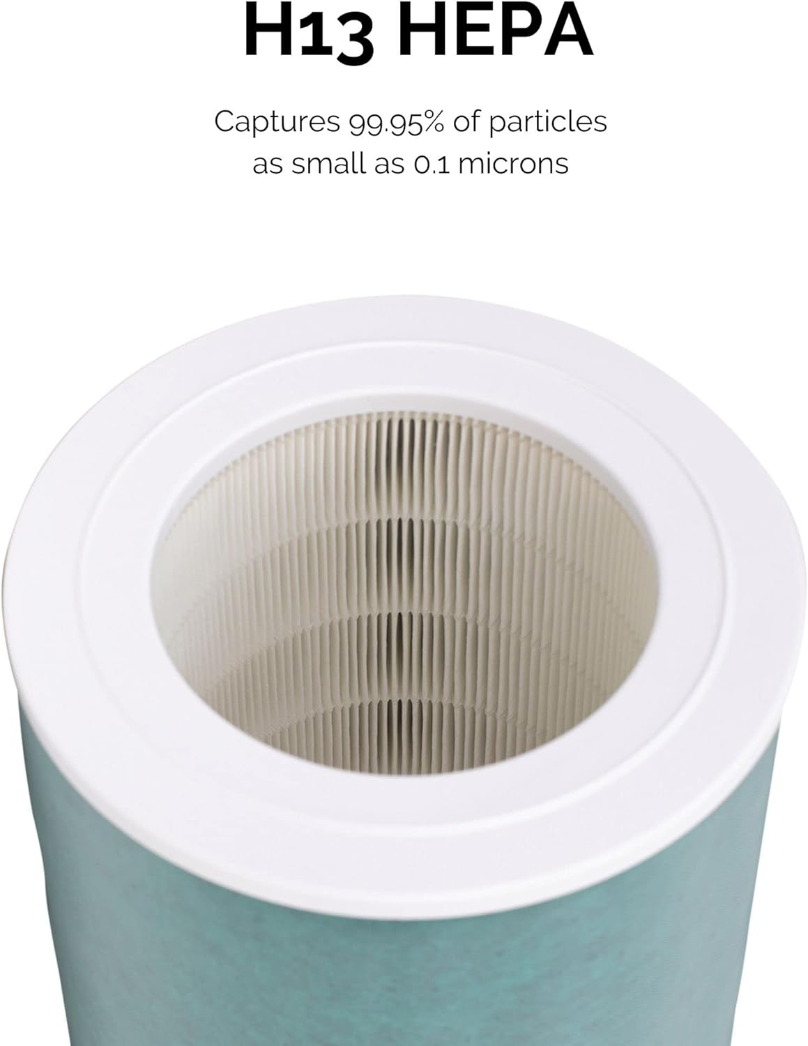 H13 HEPA-Filter mit Faltenstruktur. Hellblauer zylindrischer Körper.