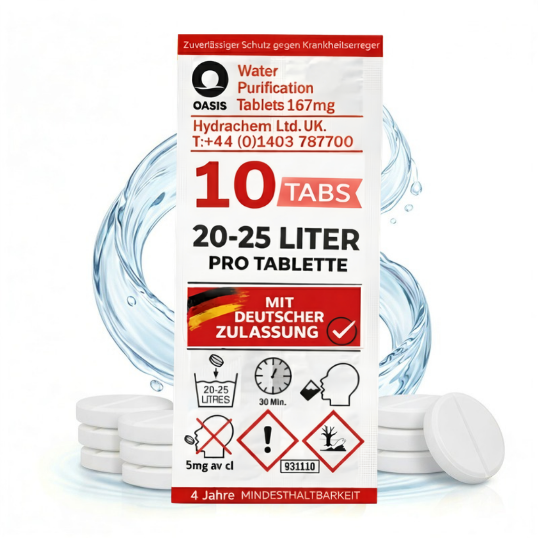 Oasis Wasserreinigungstabletten 167mg, 10 Stück für 20-25 Liter, mit deutscher Zulassung.