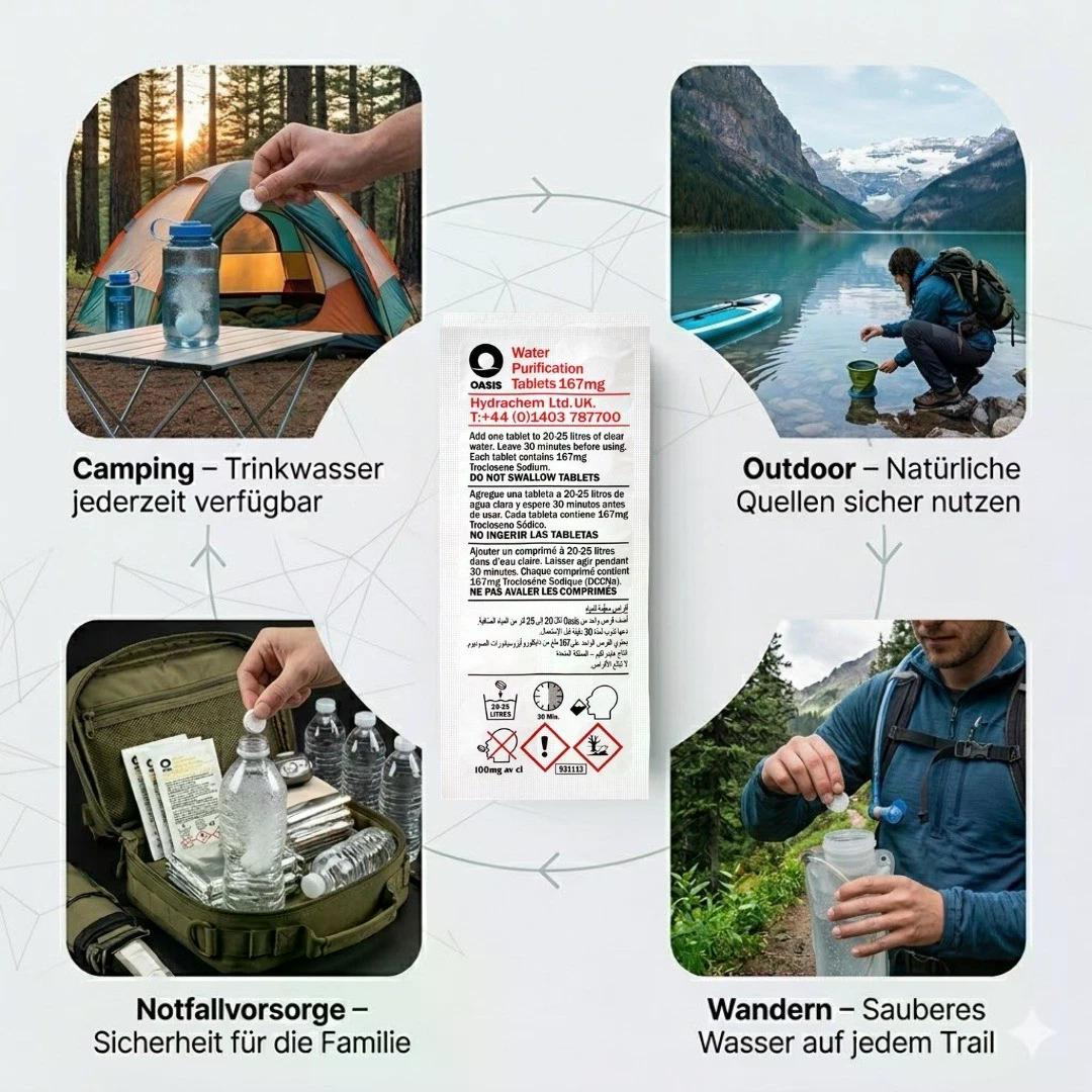 Personen campen, am See und beim Wandern nutzen Wasserreinigungstabletten.