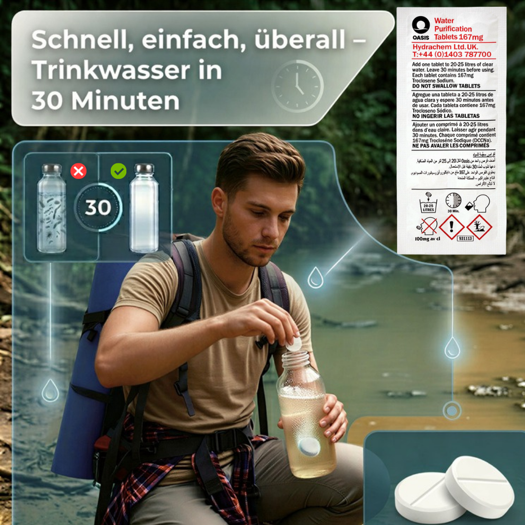 Mann gibt Tablette in Wasserflasche. Wasserreinigungstabletten sind abgebildet.