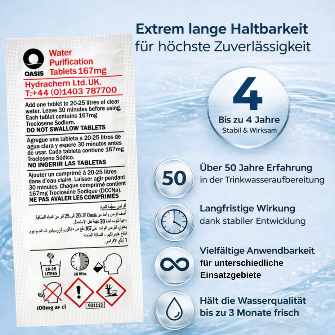 Oasis Wasserreinigungstabletten 167mg: 4 Jahre haltbar, 50 Jahre Erfahrung.