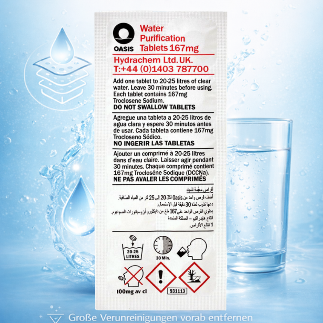 Wasseraufbereitungstabletten: 1 Tablette auf 20-25L Wasser, 30 Min. einwirken lassen.