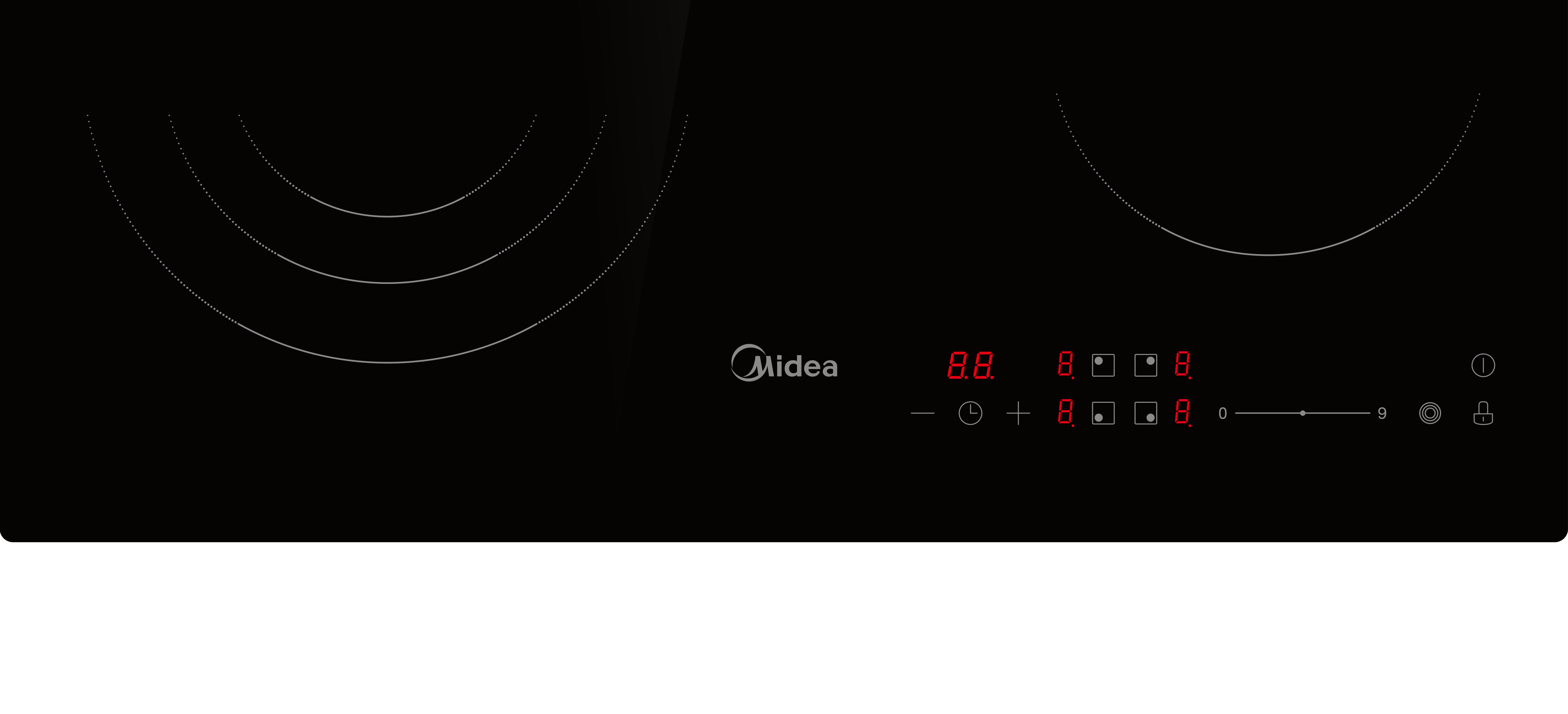 Schwarzes Kochfeld mit Midea-Logo und digitalen Anzeigen.