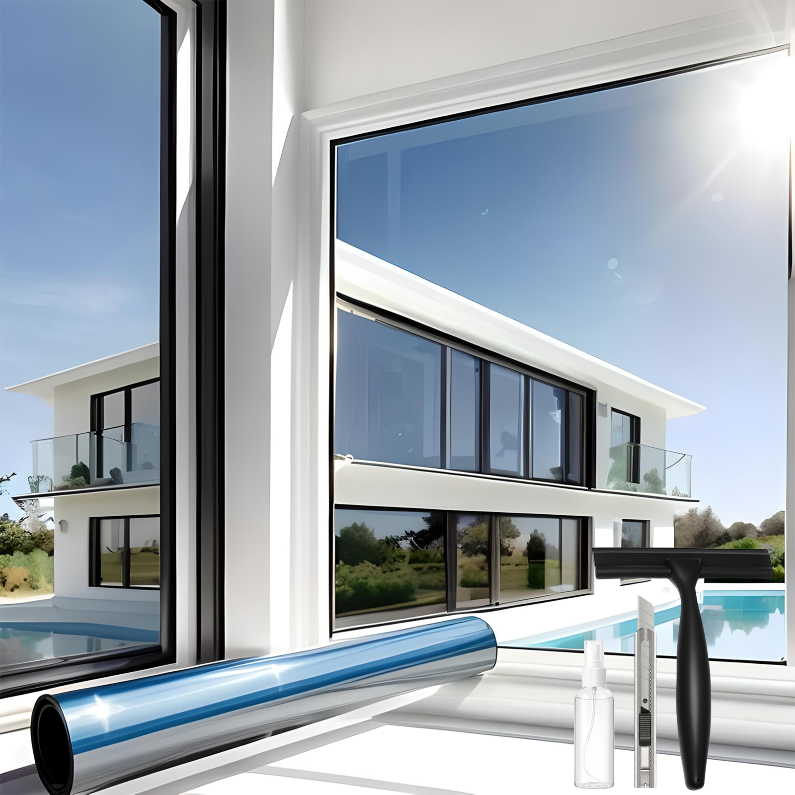 Fensterreinigungswerkzeuge auf einem Sims mit modernem Haus und Pool draußen.