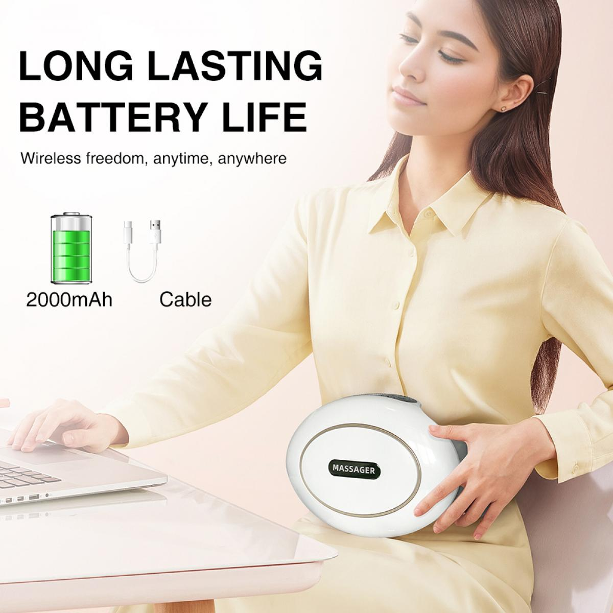 Frau mit Massagegerät, Laptop, Batterie-Symbol und Ladekabel.