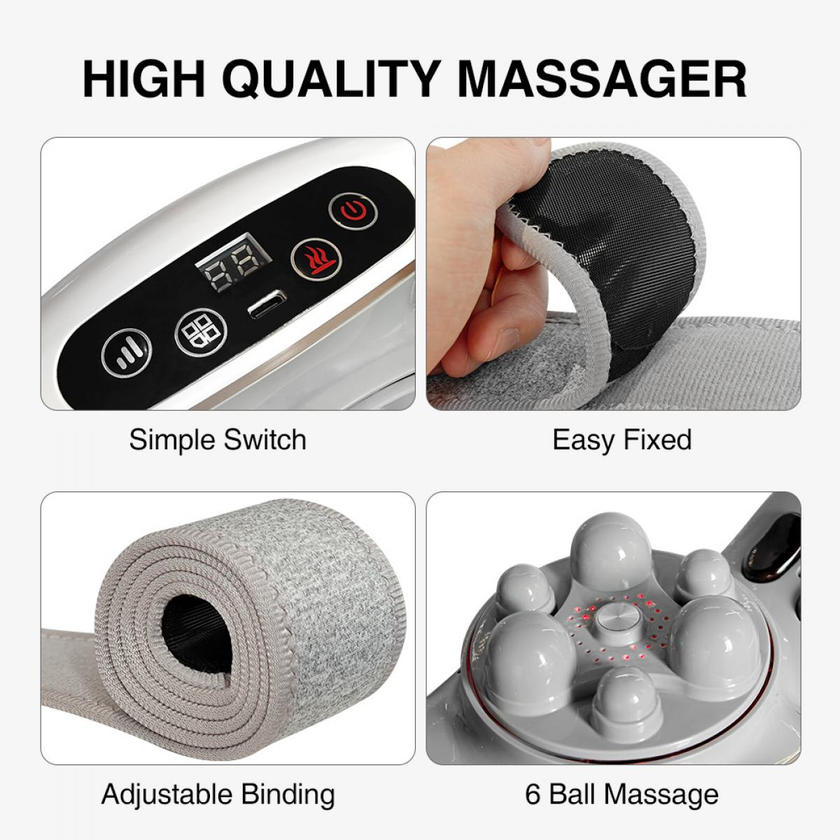Übersicht eines Massagegeräts mit vier Detailansichten: Bedienelemente, Befestigung, Rolle und Massageköpfe.