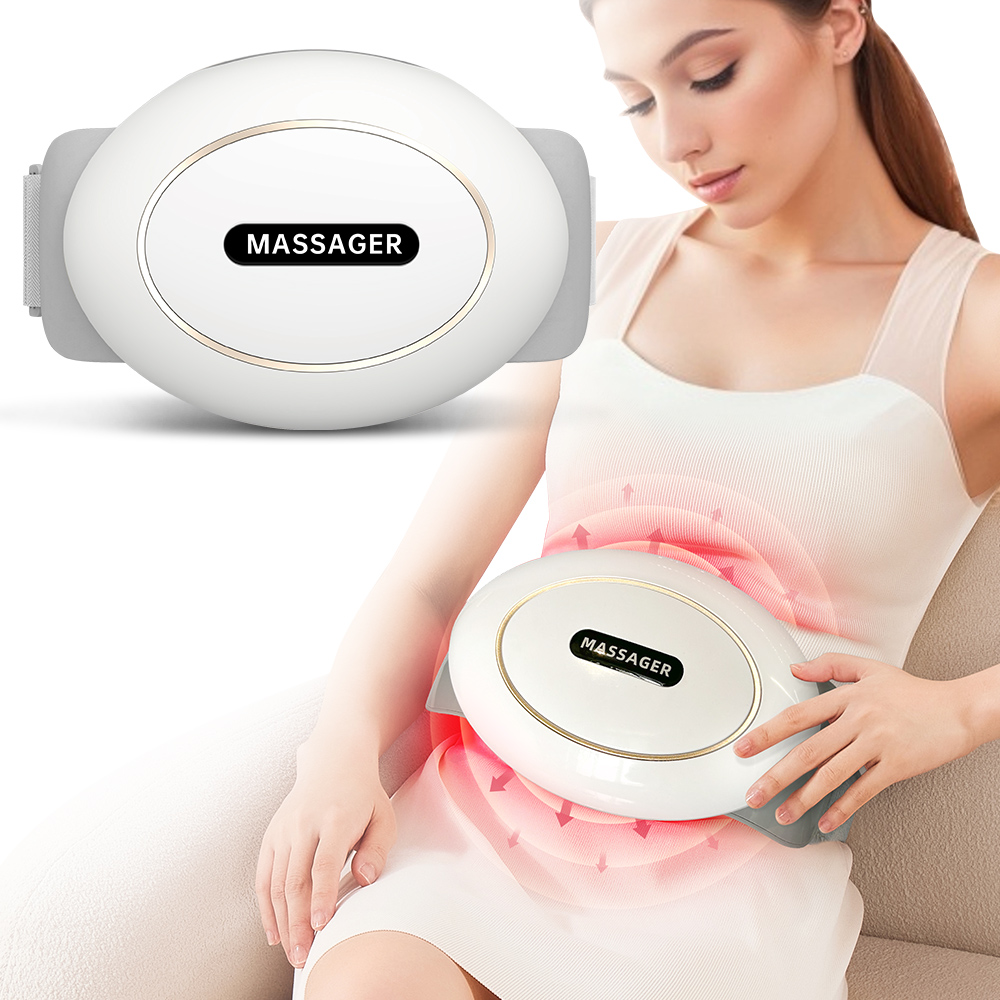 Eine Frau benutzt einen weißen Bauchmassager mit roten Hitzewellen.