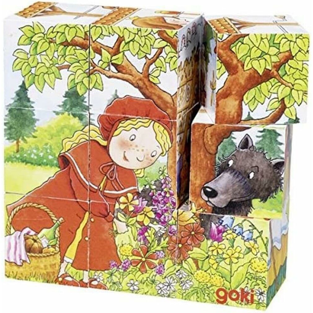 Rotkäppchen sammelt Blumen im Wald, während ein Wolf hinter einem Baum hervorlugt.