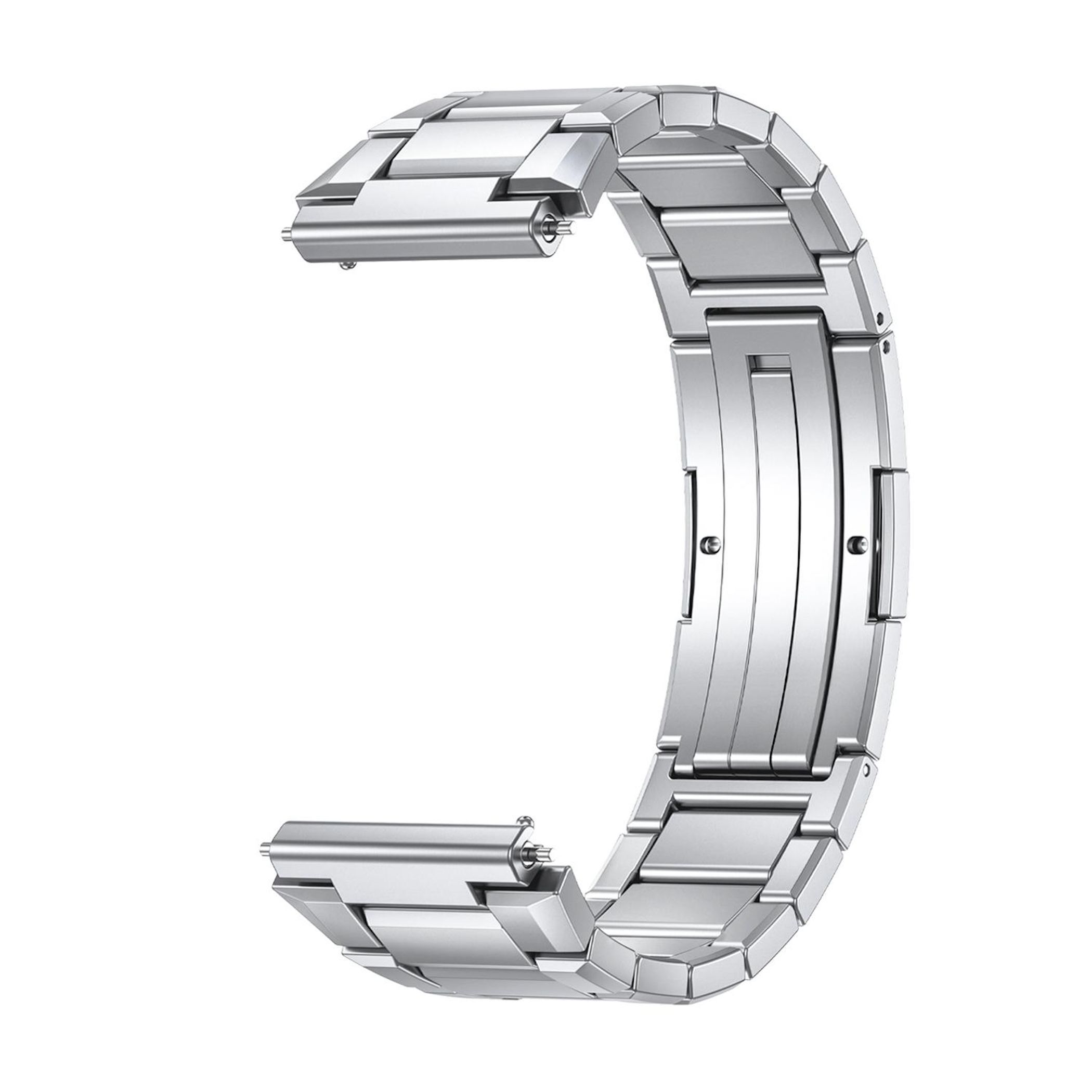 Ein silbernes Metalluhrenarmband mit Gliedern und einem Verschluss.