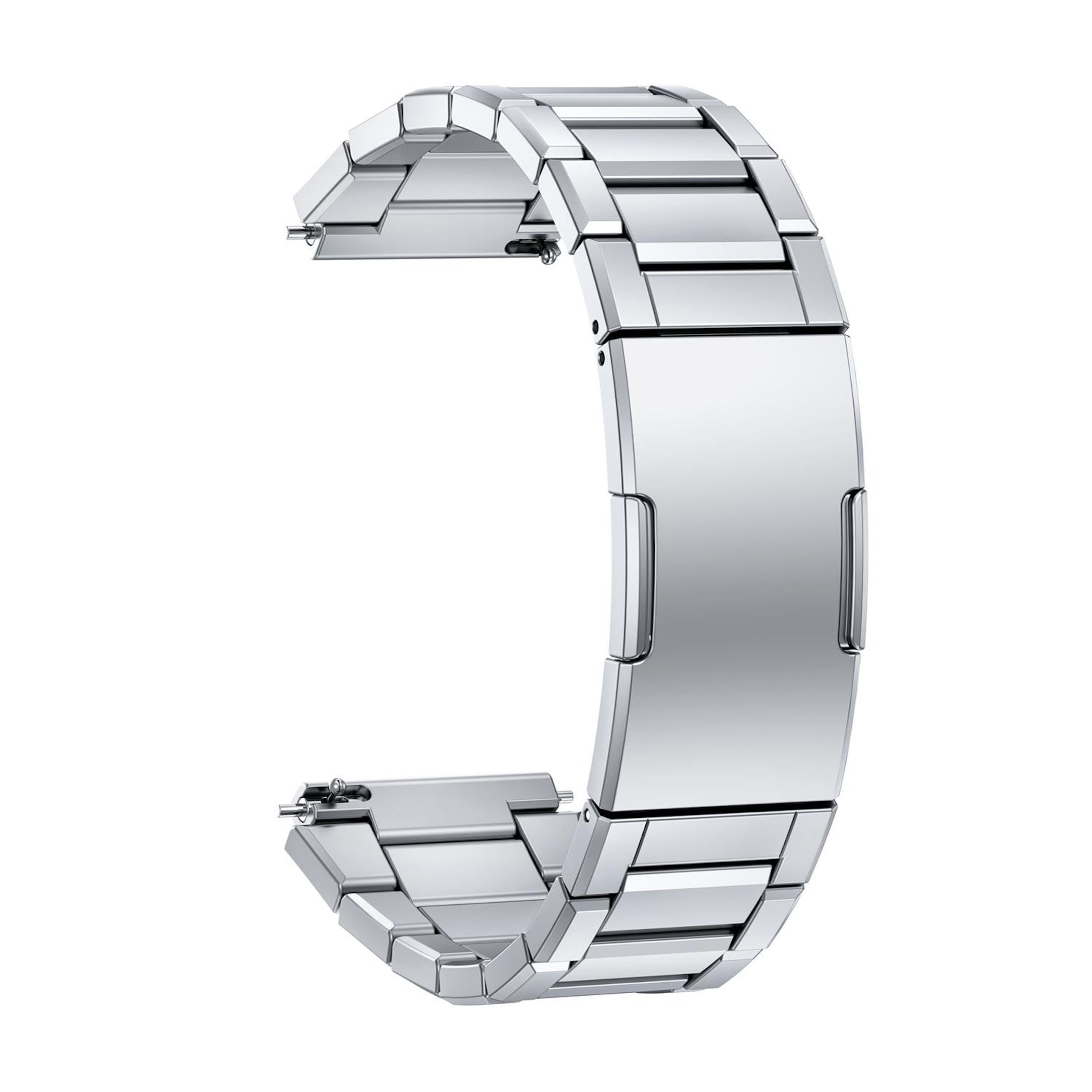 Ein silbernes Metall-Uhrenarmband mit Gliederstruktur auf weißem Hintergrund.