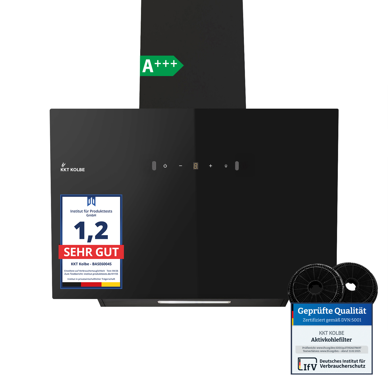 Cappa aspirante nera con efficienza energetica A+++ e sigilli di prova.