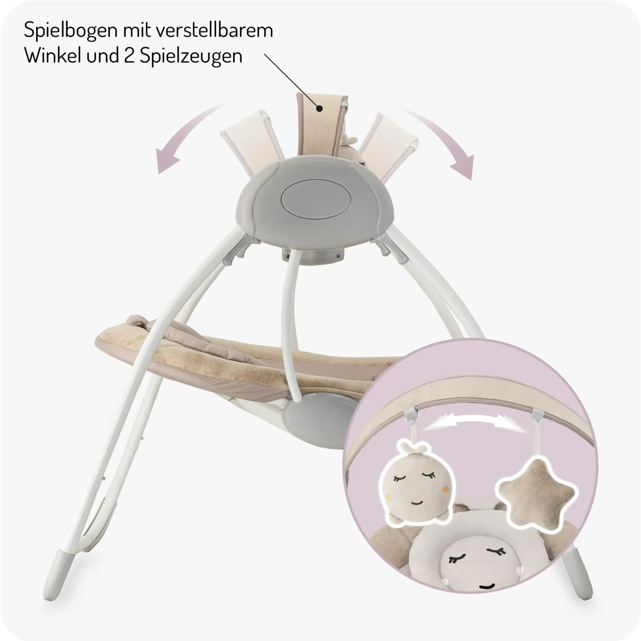 Babywippe mit verstellbarem Spielbogen und zwei Spielzeugen, beige und grau.