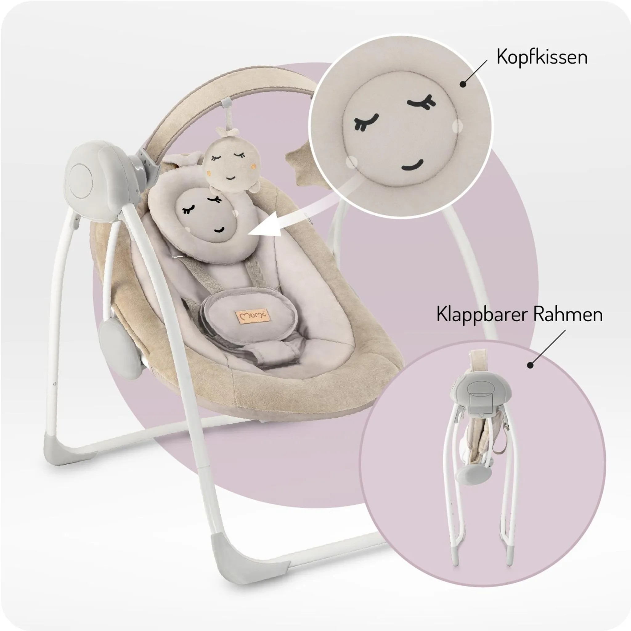 Ein Baby-Schaukelstuhl mit beigefarbenen Kissen und Spielzeug. Zeigt auch das klappbare Gestell.