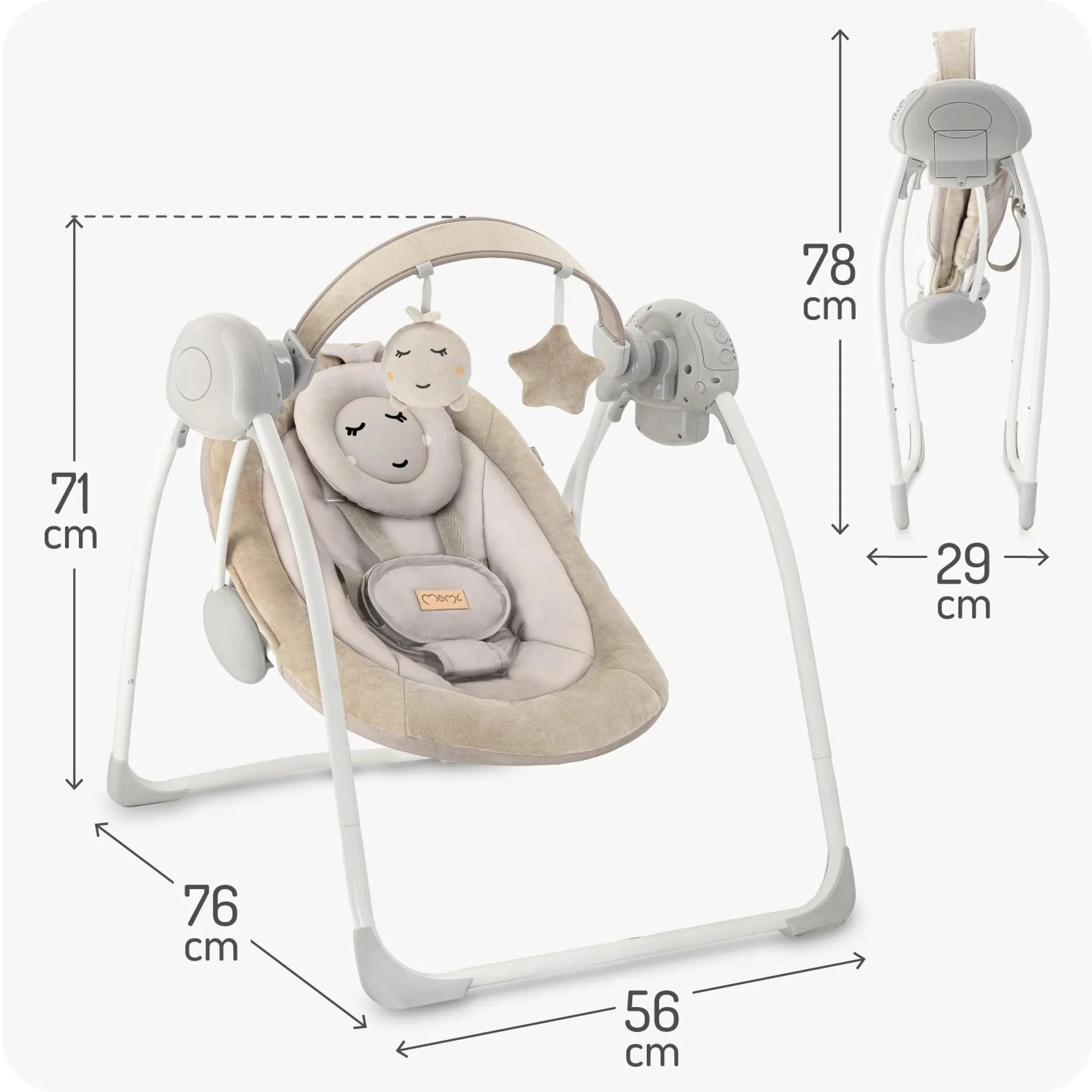 Ein beiger Babywippen-Stuhl mit Spielzeugbügel, Maße angegeben.